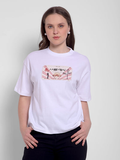Women's White Round Neck Oversize Fit T-shirt