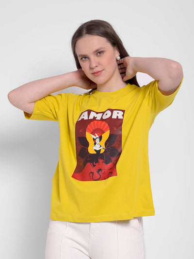Women's Yellow Round Neck Oversize Fit T-shirt