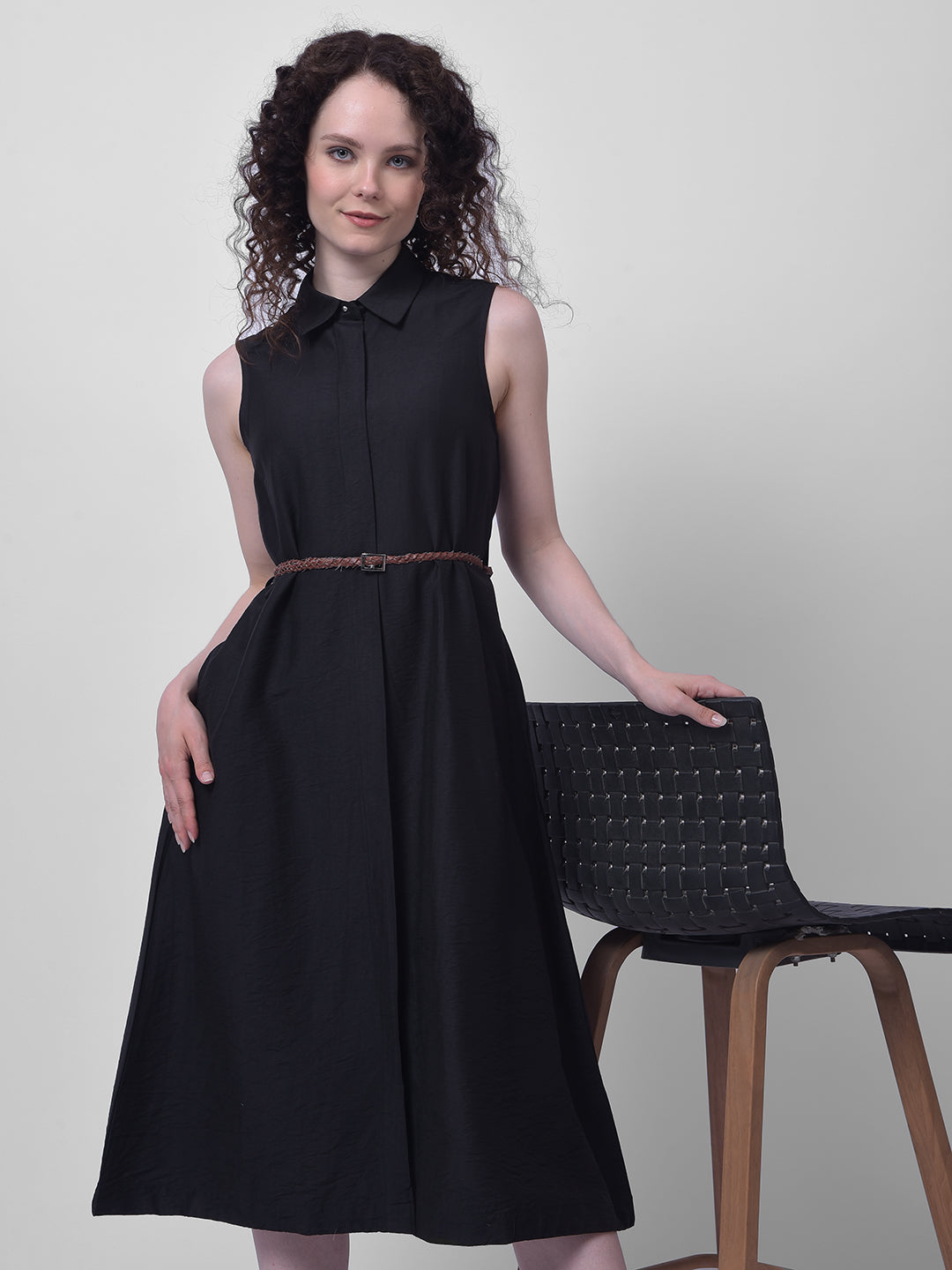 Buy Women's Sleeveless Black Shirt Dress with Belt Online